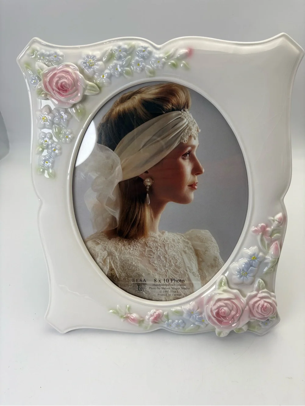 Gorgeous Vintage ELSA White Ceramic Picture Frame with Pink Rose Accents - 8x10